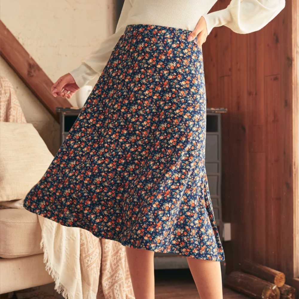 Floral A-Line Skirt - Blue and Orange